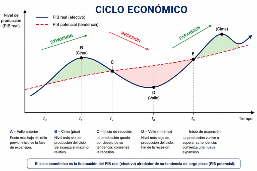 Etapas estilizadas del ciclo económico. Ciclo económico permanente y trampa de la pobreza