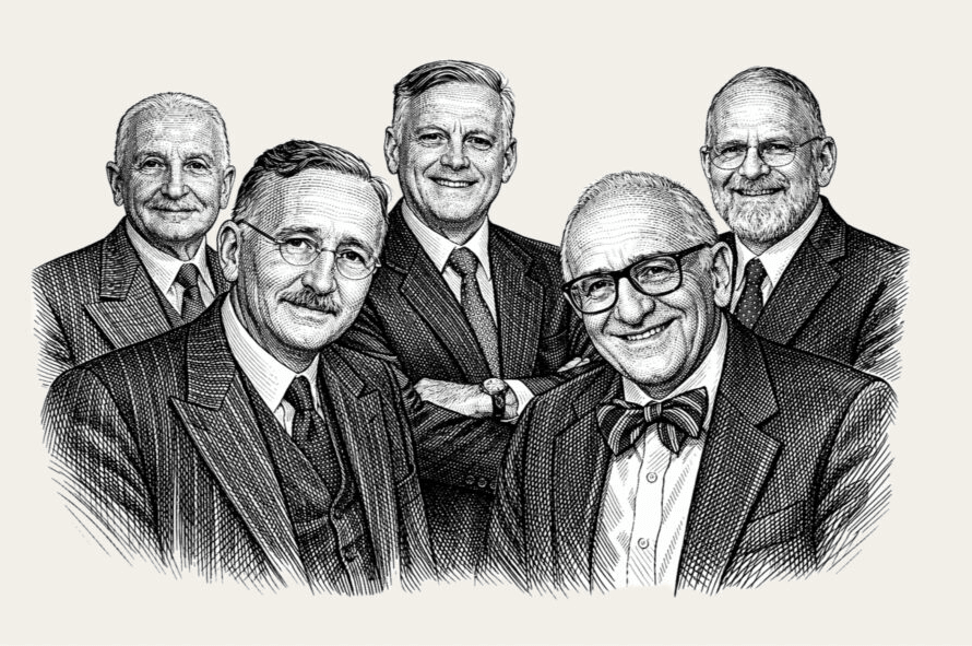 Exponentes de la escuela austríaca Ludwig von Mises, Friedrich Hayek, Jesús Huerta de Soto, Murray Rothbard e Israel Kirzner.